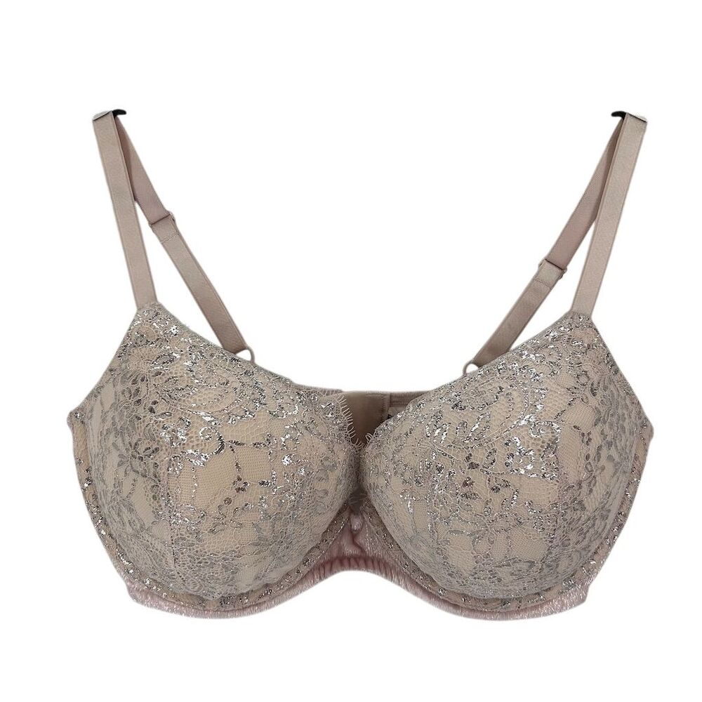 Victoria's Secret Push-Up Bra 38DD Silver Pink Lace Trim Underwired EUC 38E